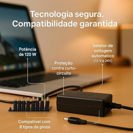 Carregador Universal 120W, 9 Conectores, Compatível com Notebook, TV, Monitor, Bivolt, Multivoltagem, Proteção Integrada